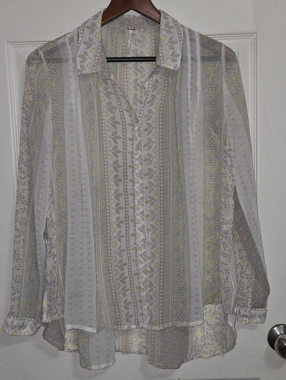 Free People Sheer Floral Stripe Button Front Tie Back Boho Blouse Tunic
